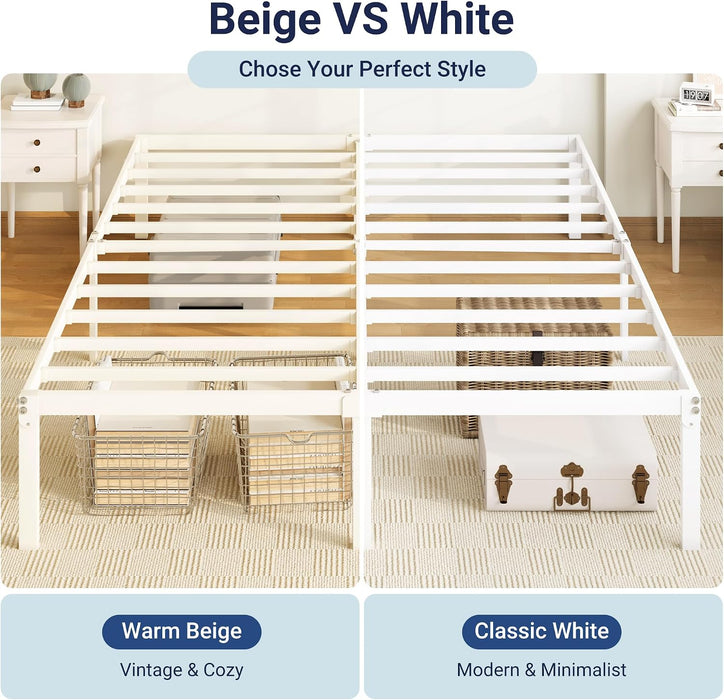 Full Size Bed Frame, 14 Inch Metal Beds with Storage Space, White