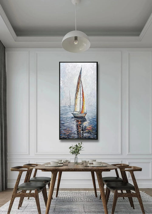 Art,24X48 Inch Modern Abstract Hand Painted Frame Oil Paintings Sailing Boat on the Sea Acrylic Canvas Hanging Painting Living Room Bedroom Wall Art Home Decoration