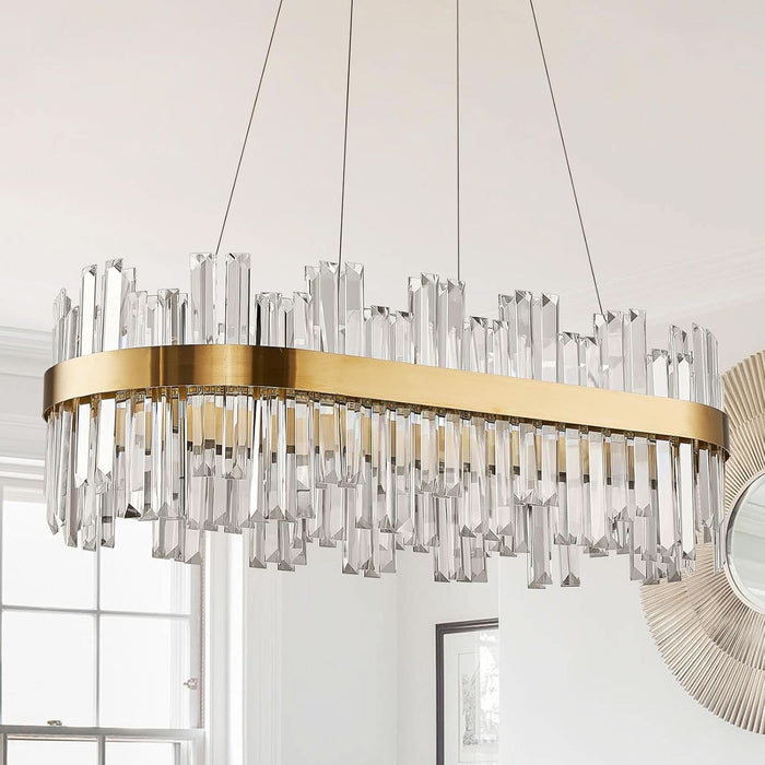39.3" Dimmable Rectangle LED Crystal Chandeliers,Gold Chandelier Light, 3 Colors Contemporary Pendant Ceiling Light for Dining Room Living Room Kitchen Island Entryway Foyer ,With Remote Control