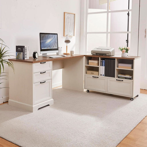 60Inch LShaped Desk With Farmhouse Cabinetry Storage