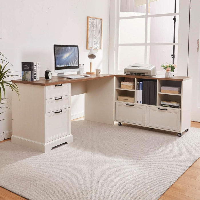 60Inch LShaped Desk With Farmhouse Cabinetry Storage