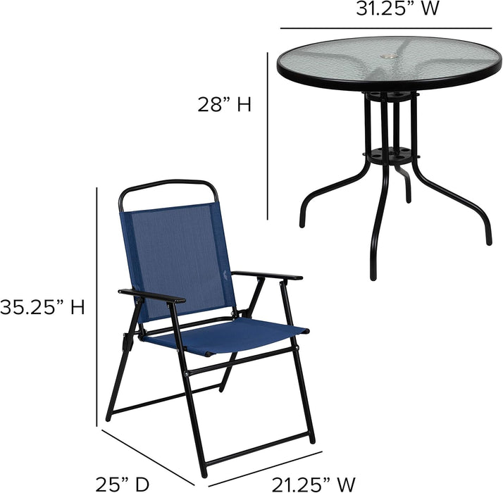 6 Piece Navy Patio Garden Set with Table, Umbrella and 4 Folding Chairs