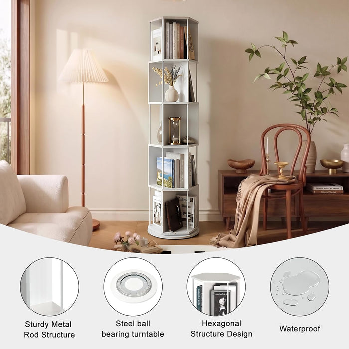 5-Tier Lazy Susan 360° Rotating Bookshelf White | Bookshelf Tower,Freestanding Vertical Corner Book Shelf for Bedroom Living Room