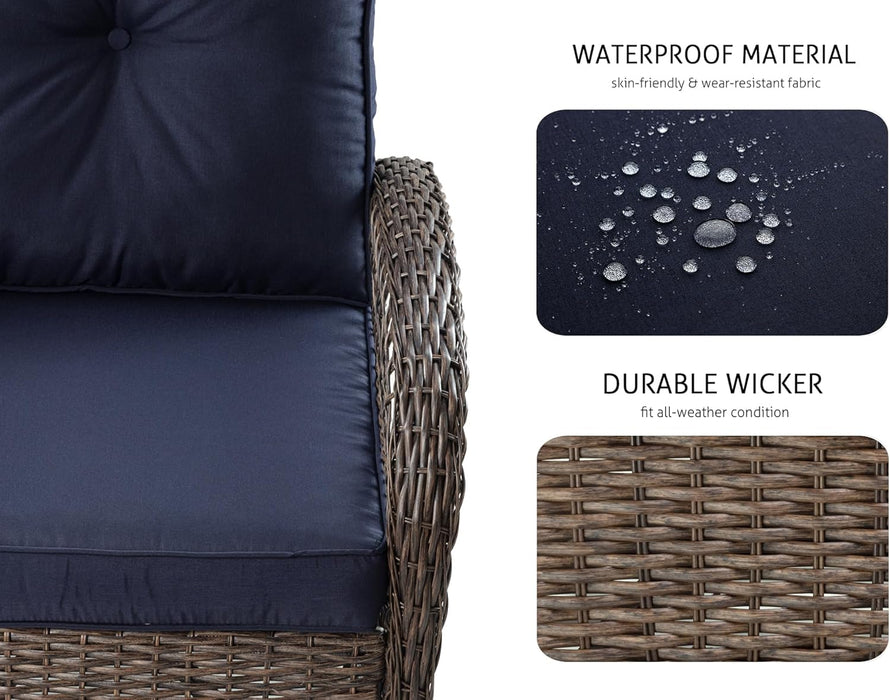 3 Pieces Patio Furniture Set, Outdoor Swivel Glider Rocker, Wicker Patio Bistro Set with Rocking Chair, Cushions and Table (Blue)