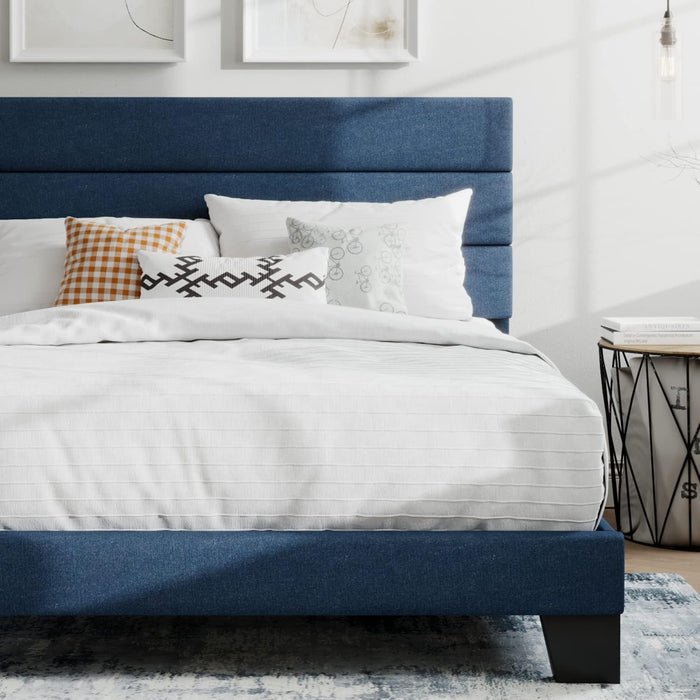 Full Platform Bed Frame with Upholstered Fabric Headboard, Mattress Foundation with Strong Wooden Slats Support, No Box Spring Needed, Blue