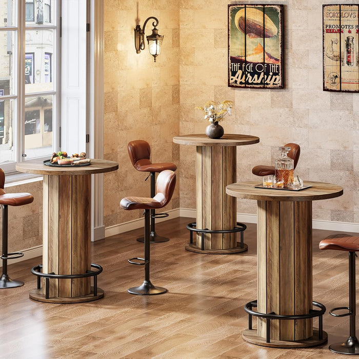 round Bar Table, 39.4" H Wood Bistro Pub Table with Metal Ring Footrest for Dining Coffee Cocktail Living Room, Small Space, Brown(Only Table)