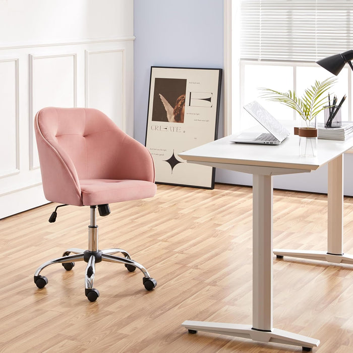Comfy Desk Chair Cute Office Chair Pink Velvet Desk Chair Makeup Chair Vanity Chair with Back, Modern Swivel Computer Chair Accent Chair for Bedroom