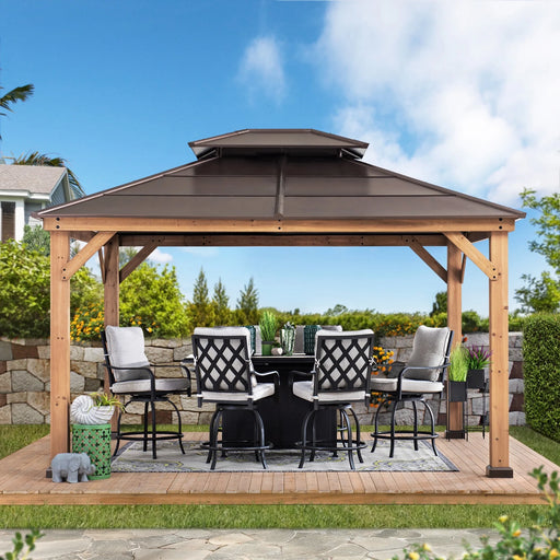 Hardtop Gazebo 11' X 13' Cedar Framed Wood Gazebo with Brown Double Steel Hardtop Roof Permanent Canopy for Garden, Backyard Shade