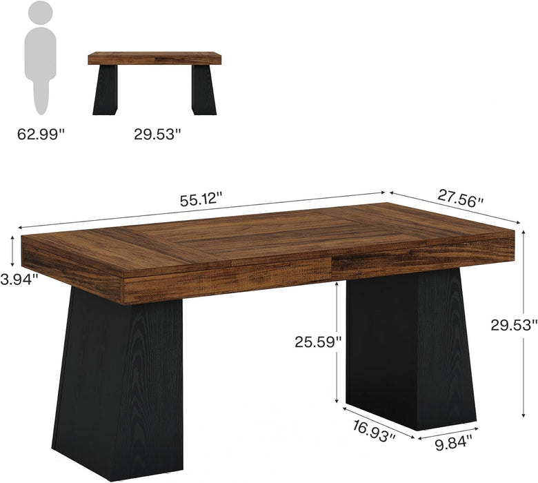 55 Inches Executive Desk, Mid-Century Modern Home Office Desk, Wood Computer Table Business Workstation Small Conference Table, Black & Brown