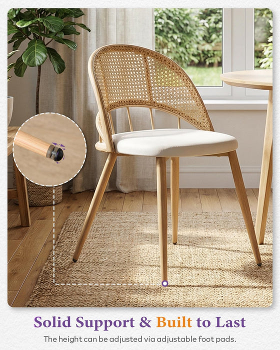 Rattan Dinner Chairs Set of 4 with Faux Leather Cushion, Modern Dining Room Chairs W/Adjustable Foot Pads, Kitchen Boho Chairs Mid Century Upholstered, White