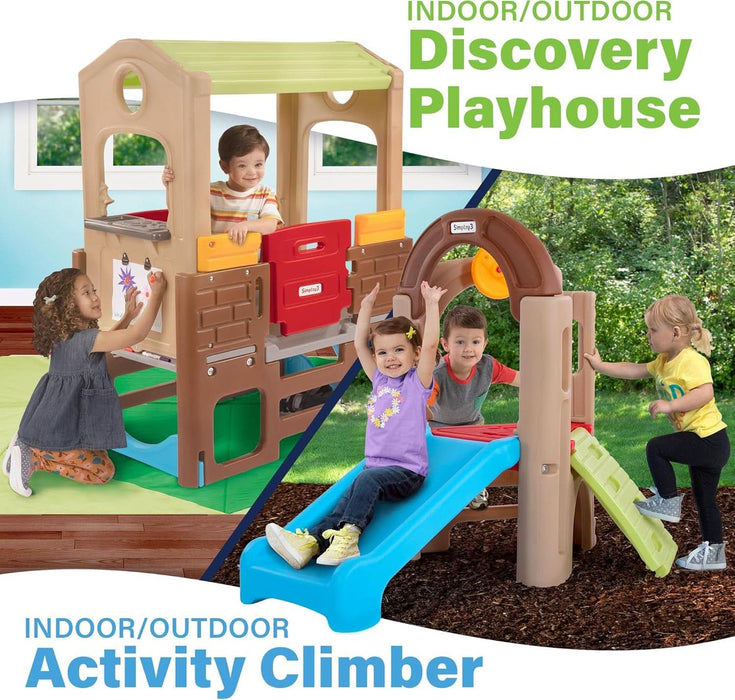 Young Explorers Indoor Outdoor Playset for Kids – Modular Climber, Slide & Playhouse Combo – Expandable Toddler Activity Center with Crawl Tunnel, Doors & Easel for Backyard or Playroom