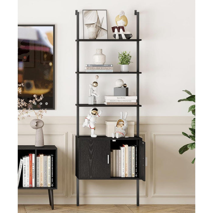 73" Tall Bookshelf with Cabinet, Industrial Ladder Wall Mount Shelf Bookcase with Wood and Metal Frame, Plant Shelf Wall Storage Display for Living Room Bedroom, Black Wood Grain