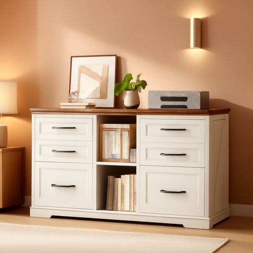 Farmhouse Lateral File Cabinet with 6 Drawers, Rustic White