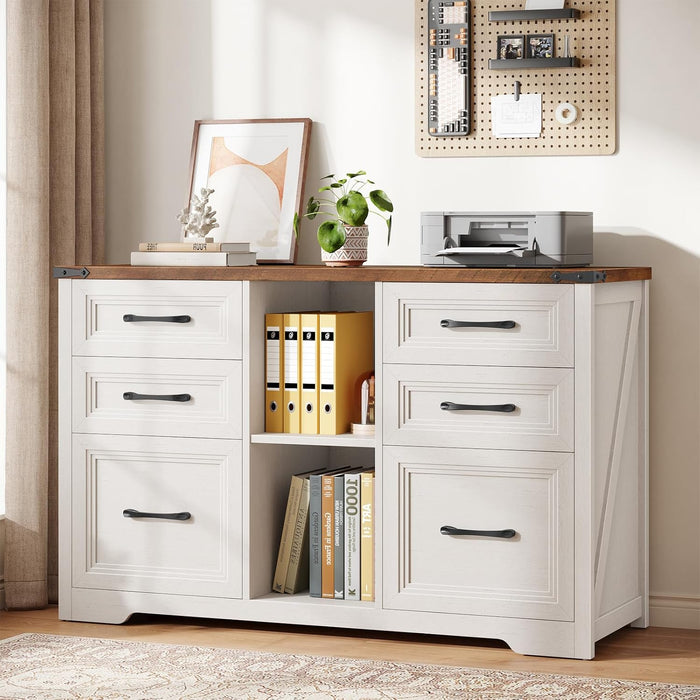 Farmhouse Lateral File Cabinet with 6 Drawers, Rustic White