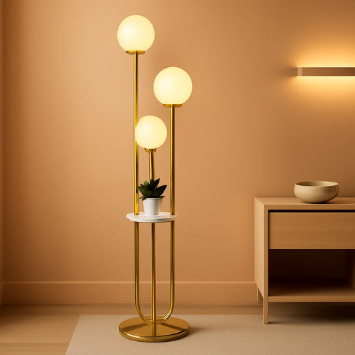 Gold Globe Floor Lamp 3-Lights Dimmable Floor Lamps with Tray 3000K Bulbs Included Unique Floor Lamp Candle Holder Style Modern Standing Lamps for Living Room/Bedroom