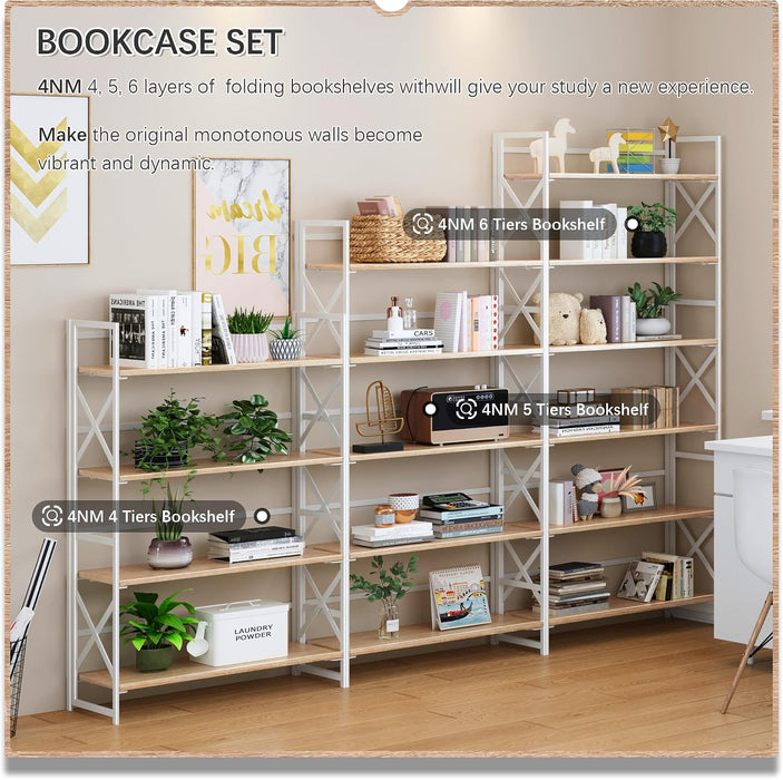 Extra Wide 6 Tiers No Assembly Book Shelves, 61.8" H Folding Bookshelf Bookcase Open Industrial Foldable Shelves for Bedroom, Living Room, Home Office - Natural White