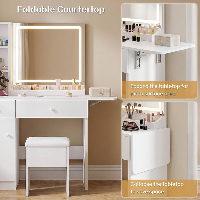 White Vanity Desk With Multifunctional Illuminated Mirror
