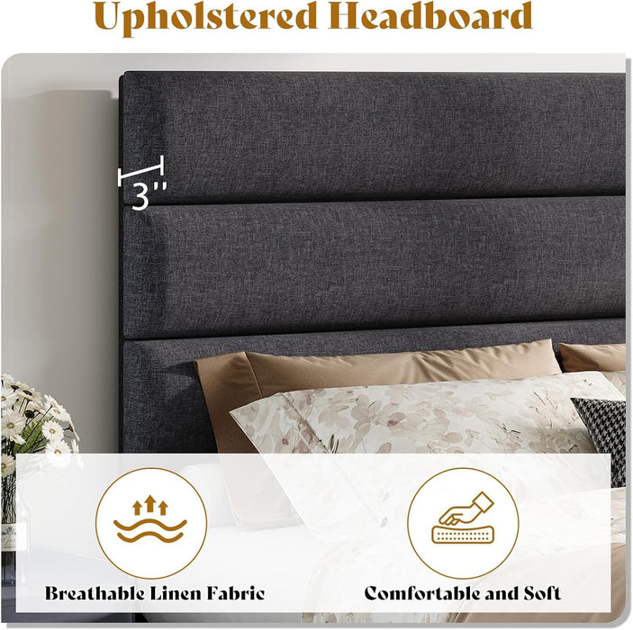 Queen Size Bed Frame with Linen Upholstered Headboard, Modern Platform Bed with Wooden Slats Support, Noise-Free, No Box Spring Needed, Easy Assembly, Grey
