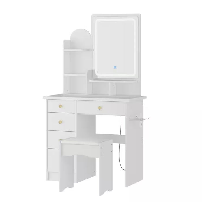 5-Drawers White Makeup Vanity Sets Dressing Table Sets with Stool, LED Lighted Mirror, Power Strip and Hair Dryer Holder