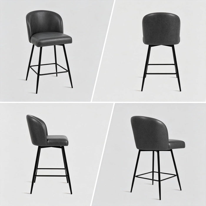 Counter Height Bar Stools Set of 2, 360° Swivel Upholstered Barstools with Backs and Metal Legs, 26" H Seat Height, Faux Leather in Black