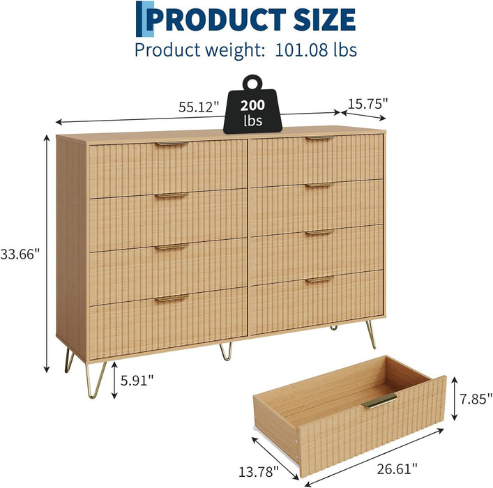 Fluted Dresser for Bedroom with 8 Drawers,55" Wide Modern Chest of Wooden Bedroom Chest with Metal Handle,Clothes Storage Organizer,Dresser & TV Stand for Living Room,Nutural