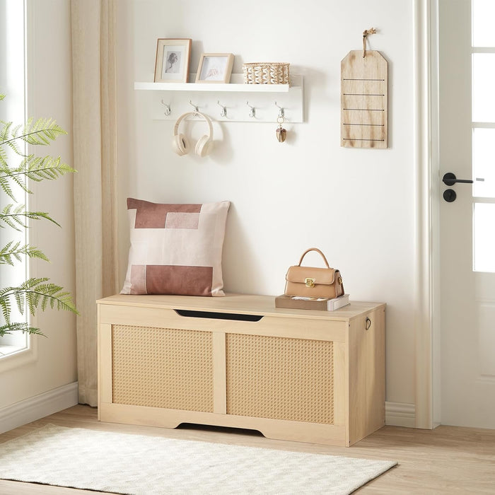 Storage Bench, 43.3" Toy Box, Rattan-Like Storage Chest, Sturdy Entryway Bench Supports 220 Lb, Toy Chest, Safety Hinge, U-Shaped Opening, Easy Assembly, Natural NL22CW01