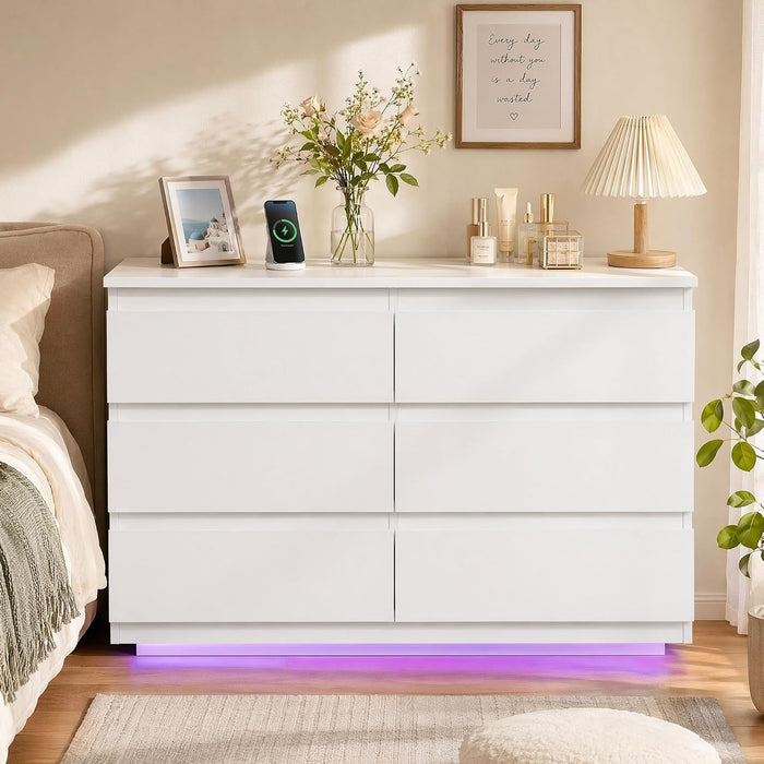 White 6 Drawer Dresser with Led Light and Charging Station for Bedroom