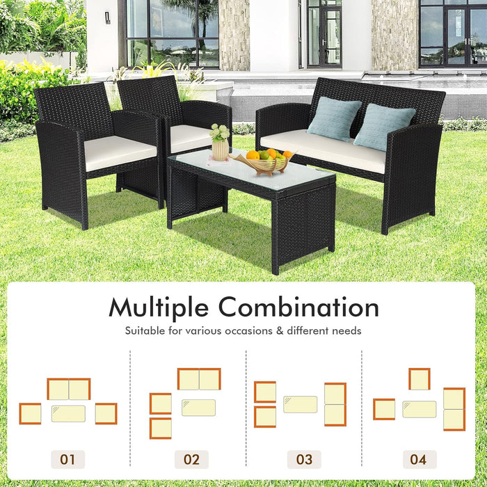 4-Piece Rattan Patio Furniture Set, Outdoor Wicker Conversation Sofa with Weather Resistant Cushions and Tempered Glass Tabletop for Lawn Backyard Pool Garden (White(Black Wicker))