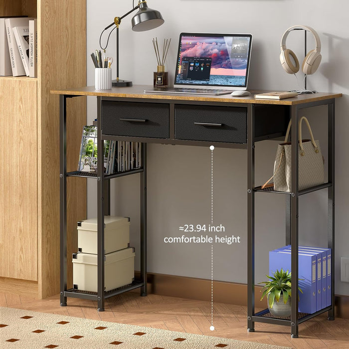 Computer Desk with Drawers, 37.3 Inch Home Office Work Desk with Storage Shelf, Kids Teens Study Table for Small Space, Small Writing PC Table for Bedroom Makeup Vanity Desk, Brown