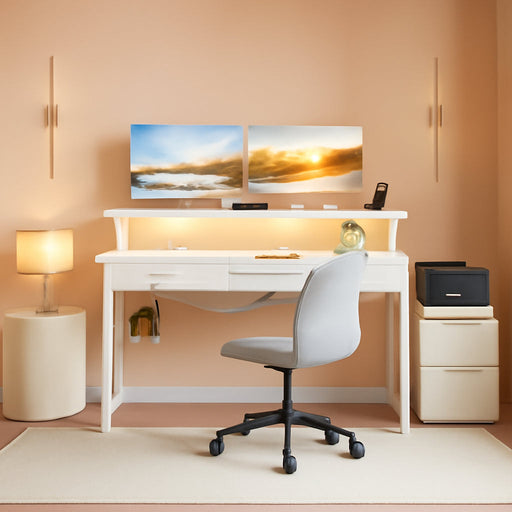 White Reversible Desk with LED Lights & Drawers