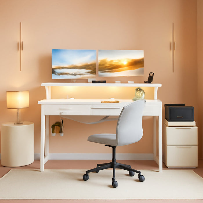 White Reversible Desk with LED Lights & Drawers