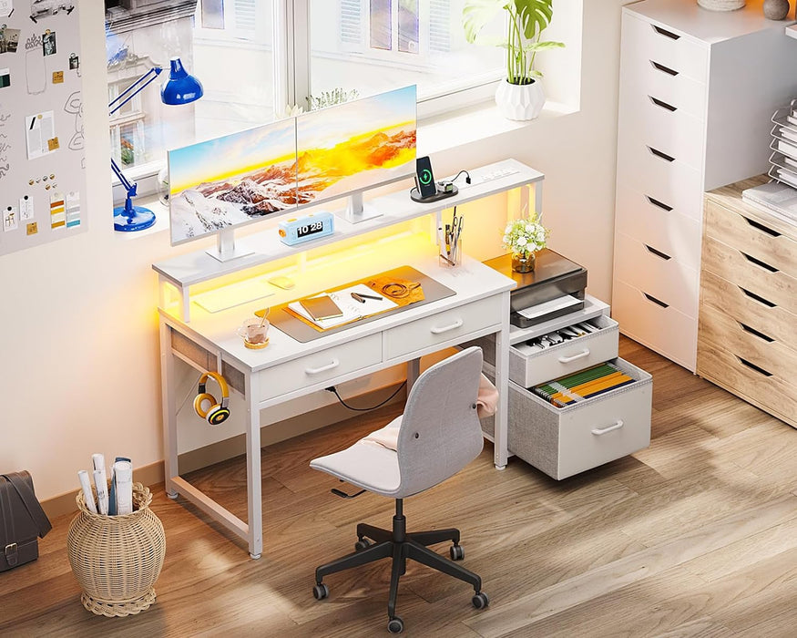 White Reversible Desk with LED Lights & Drawers