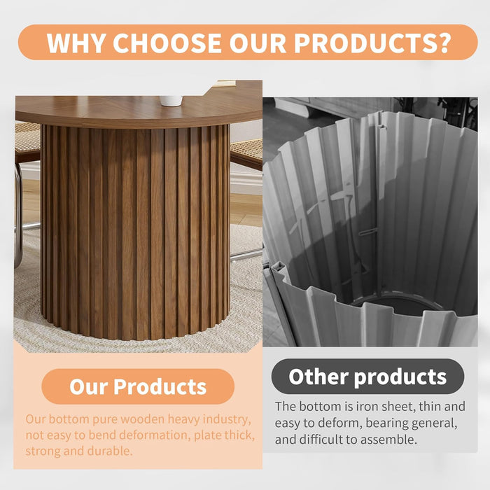 47 Inch round Dining Table for 4-6, Farmhouse Circle Kitchen Table, Mid Century Modern Walnut Dinner Tables with Wood Strip Base for Dining Room, Living Room, Lunch, Rustic