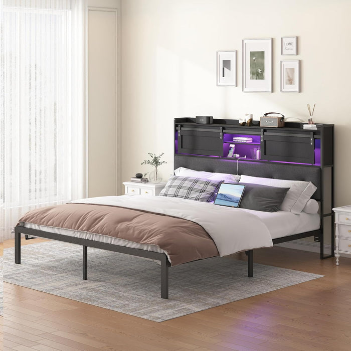 Queen Size Headboard Only with Storage, Upholstered Headboard with Charging Station and LED Light, Sturdy and Stable, Easy to Assemble (Black+Barn Door, Queen)