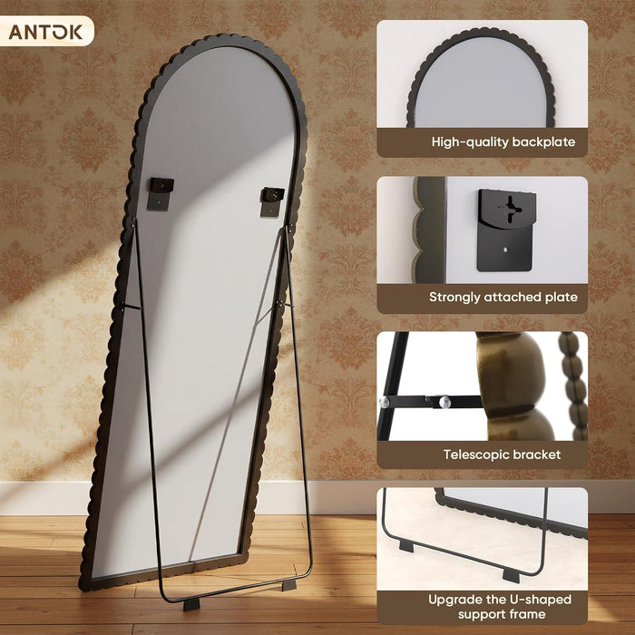 71" X 28" Arched Full Length Mirror, Antique Beaded Frame Floor Standing or Wall Mounted Mirror with Stand for Bedroom, Entryway, Bronze, Luxury Style