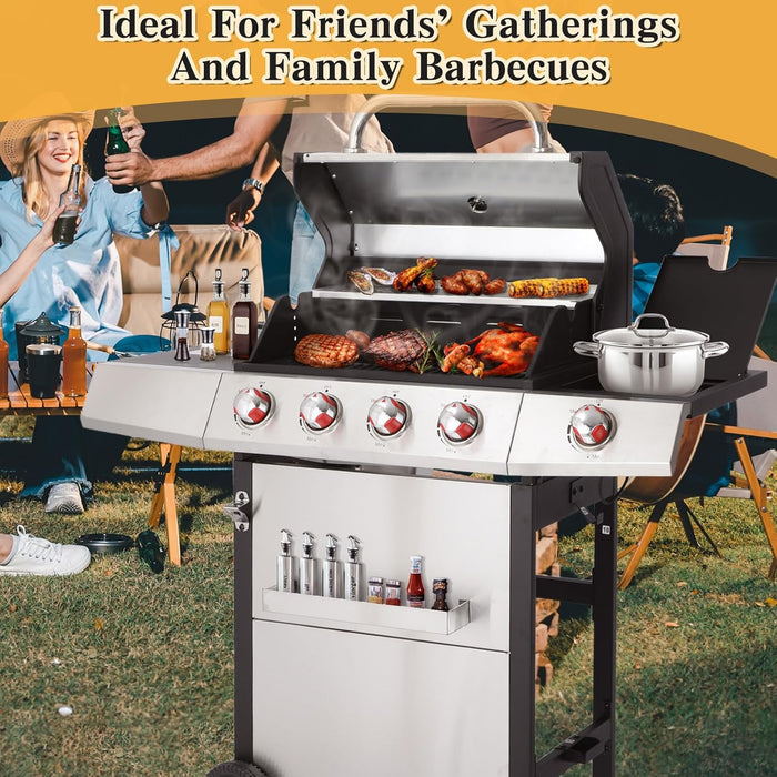 4 Burner Gas Grill Combo with Side Burner, 3 in 1 BBQ Grill with Charcoal Grill and Griddle, 52,000 Outdoor Gas Charcoal Combo Grill for Outdoor Cooking, Balcony, Backyard, Camping
