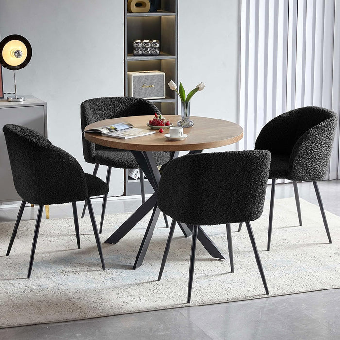 Accent Chairs Set of 2, Fuzzy Sherpa Dining Chairs with Barrel Back, Upholstered Faux Fur Armchairs with Black Metal Leg, Living Room Chairs (Black)