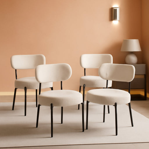 Dining Chairs Set of 4, Boucle Upholstered Kitchen Chairs with Curved Backrest & Metal Legs, Mid Century Modern round Dining Room Chairs for Vanity, Living Room - Beige