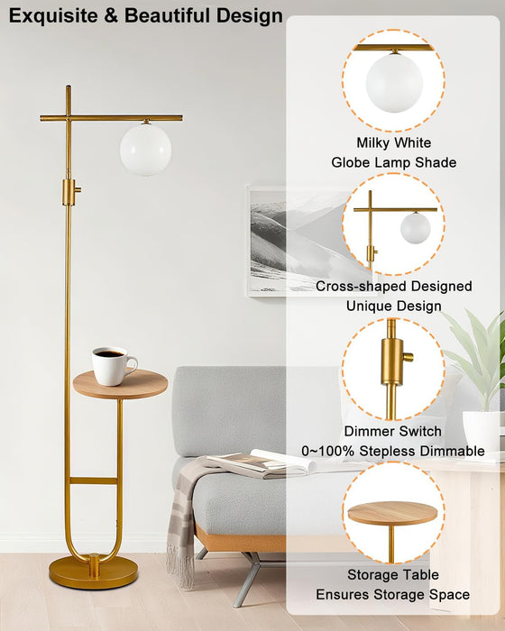 66IN Gold Dimmable Floor Lamps with Storage Table, Modern Standing Tall Lamp with Milky White Globe Lampshade, Cross-Shaped Lamp Head and U-Pole Base Style for Living Room/Bedroom/Office