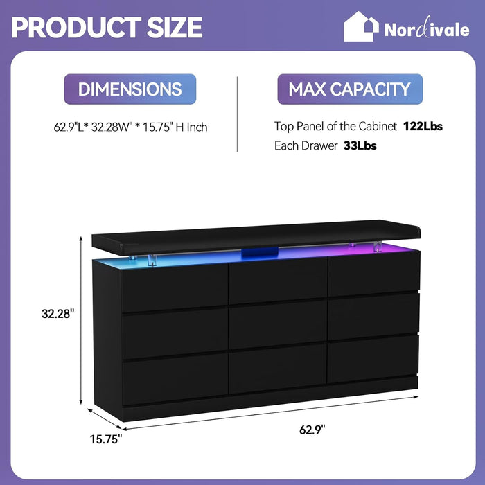 63" 9 Drawer Dresser with LED Light, Black