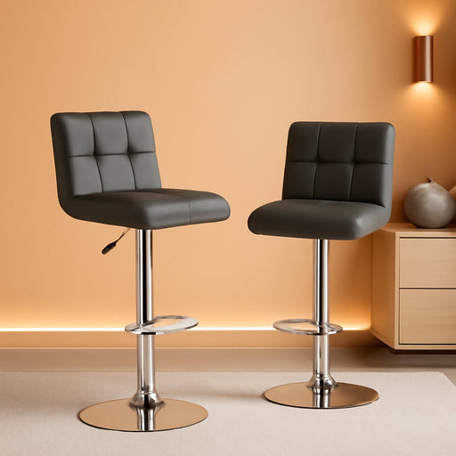 Bar Stools Set of 2, Armless Adjustable Swivel Barstools with Back, Double Needle PU Leather Counter Height Bar Stools for Kitchen Island, Grey