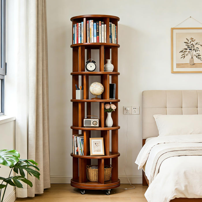 6‑Tier Rotating Bookshelf, Solid Rubber Wood 360° Revolving Bookcase with Lockable Casters, Space‑Saving Tall Storage Shelf for Living Room Bedroom Home Office, Walnut, 17.3"D×17.3"W×78.5"H