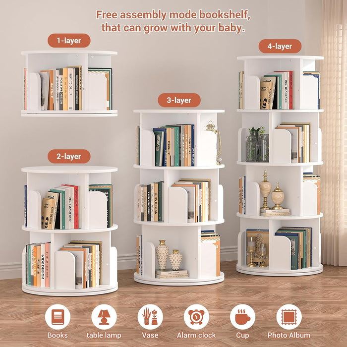 Rotating Bookshelf, 4 Tier Wood Spinning Bookcase Tower, White