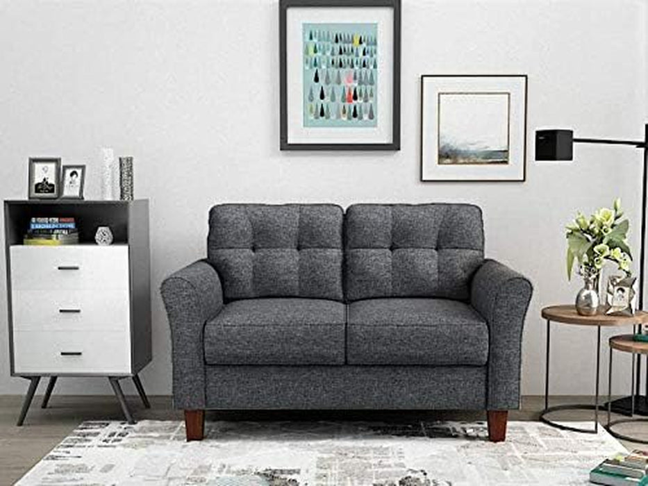 Modern Linen Loveseat Dark-Gray Piped Tapered Legs