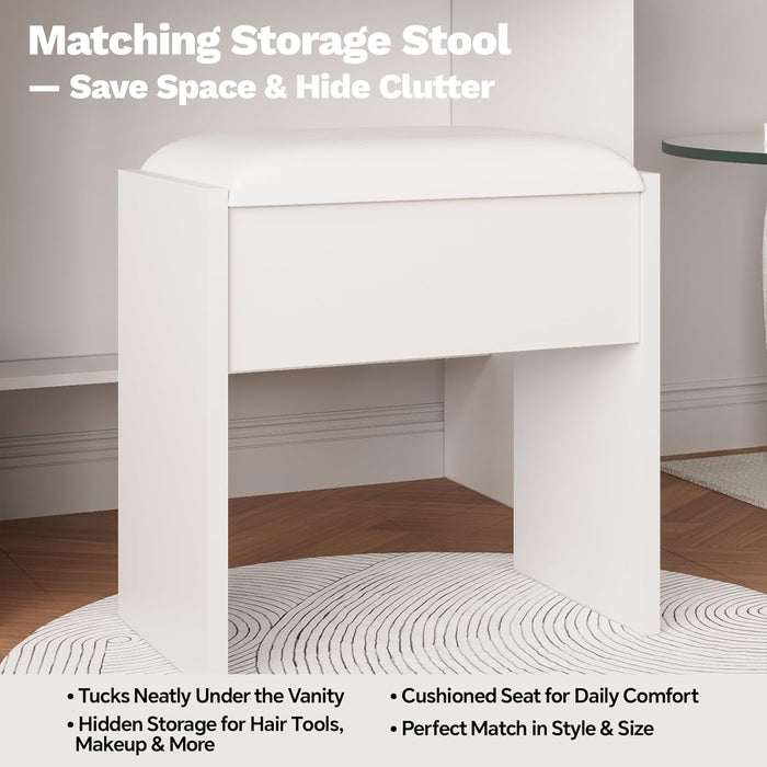 White Makeup Vanity Desk with Mirror and Lights, Vanity Table Set with Charging Station, Dressing Table with Stool, 2 Drawers, Open Shelves, Power Outlets & USB Ports, Vanity Desk with RGB Cabinets