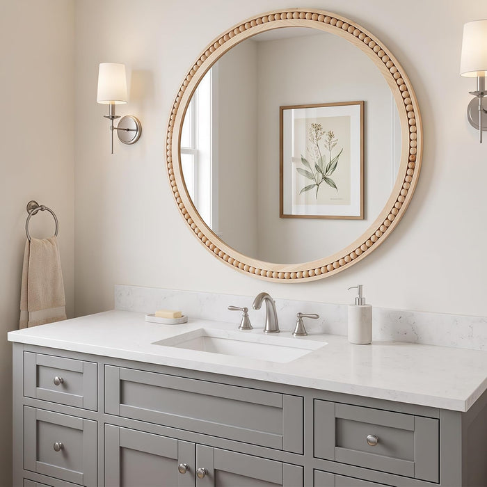 30 Inch round Wall Mirror with Beaded Solid Wood Frame, Decorative Wall Mirror with Tempered Glass, Farmhouse Home Decor for Bathroom, Living Room, Entryway, Natural Wood