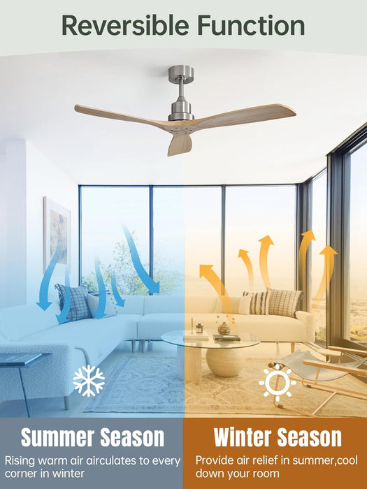 52 Inch Ceiling Fans No Light-Outdoor Ceiling Fan with Remote Control, Modern Wood Ceiling Fan without Light for Bedroom Indoor Patios Farmhouse,Reversible DC Motor,Brushed Nickel&Natural Wood