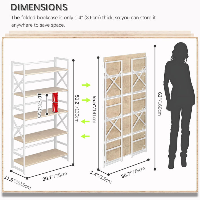 Extra Wide 5 Tiers No Assembly Book Shelves, 51.2" H Folding Bookshelf Bookcase Open Industrial Foldable Shelves for Bedroom, Living Room, Home Office - Natural White