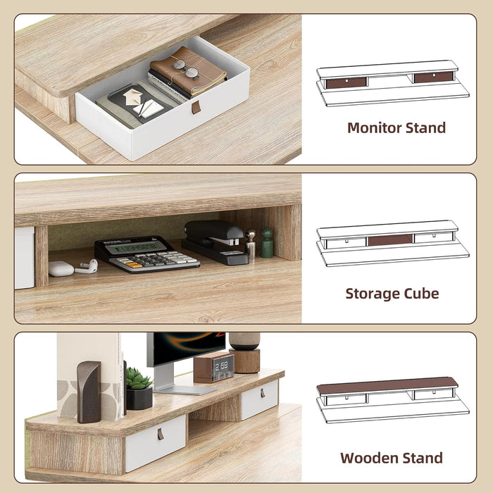 Standing Desk with Two Drawers, Stand up Standing Desk Adjustable Height, Electric Sit Stand Table with Storage Shelf and Splice Board, 55 * 24 Inch, Maple