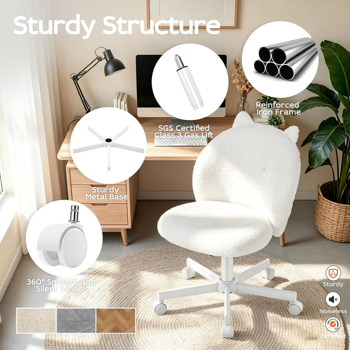 Vanity Chair with Cat Back,Armless Small Office Desk Chair,White